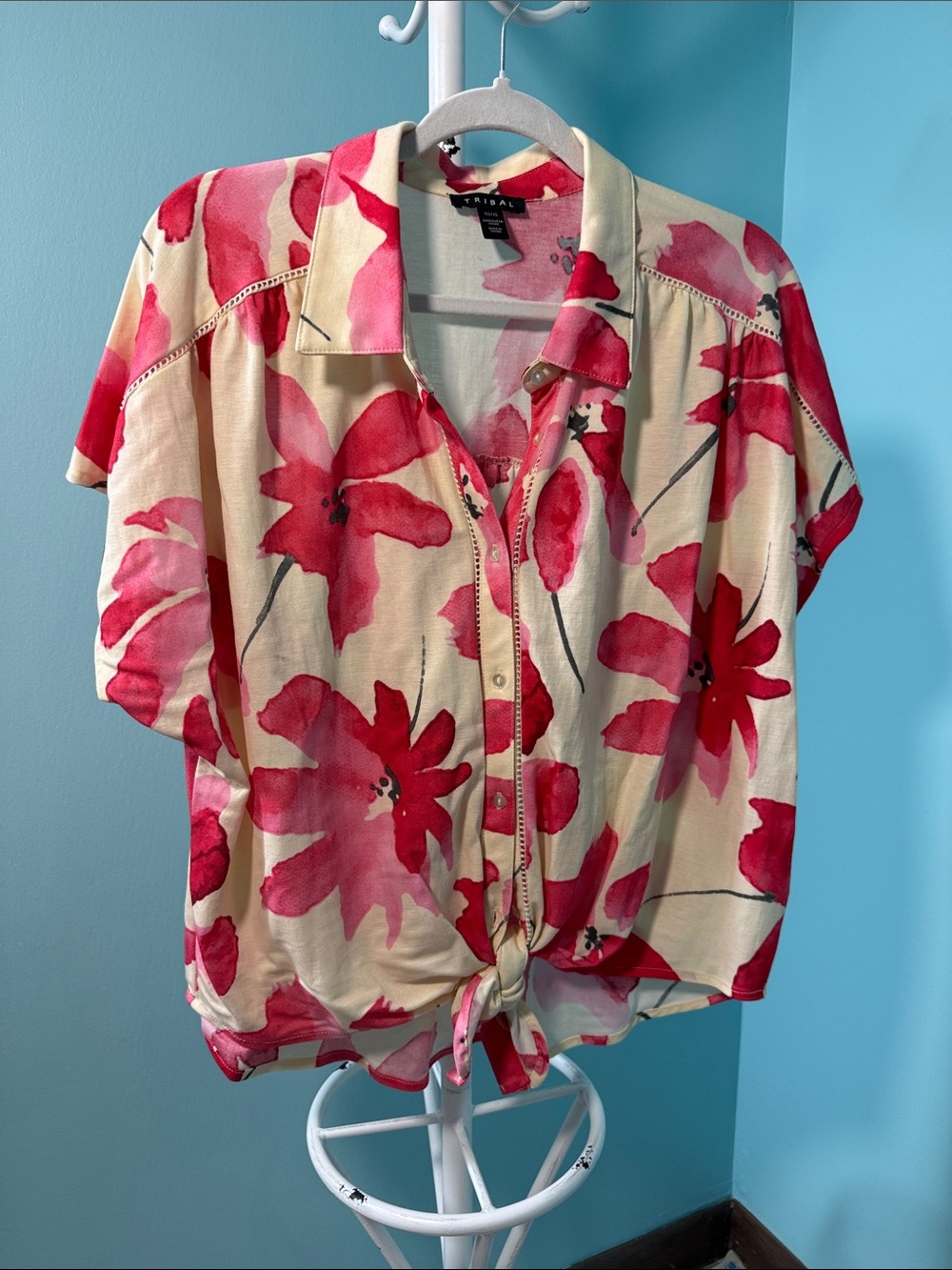 Tribal Cream Button-Front Blouse with Pink Floral Tie XL